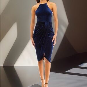 NWT Rebecca B. Women's Sleeveless Halter Solid Velvet Sheath Dress-Navy-6
